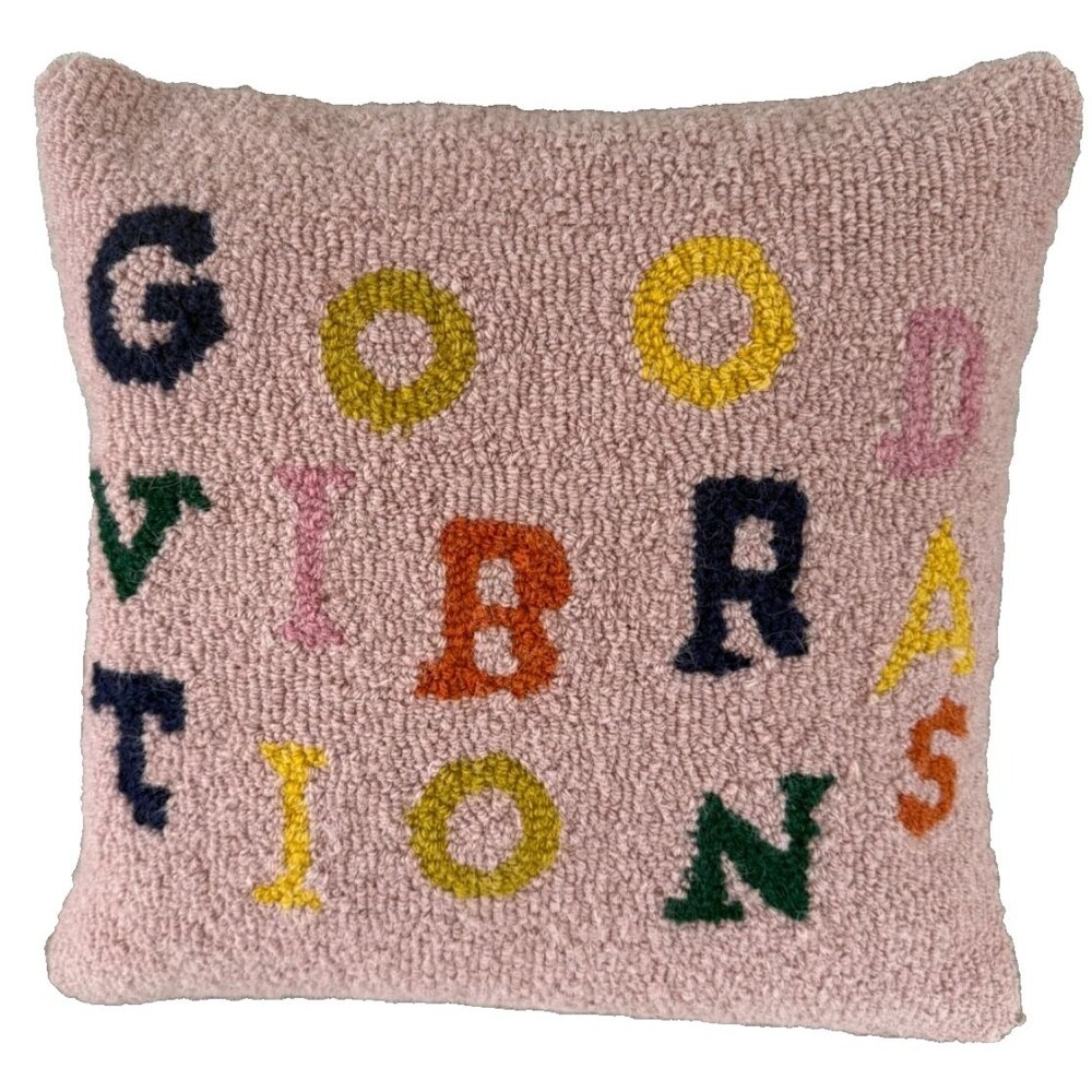 Pink Hooked Wool Pillow Cover Good Vibrations 18" Square - Picture 9 of 11